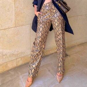 Zara High Waist Snake Print Faux Leather Pants Sand XS NWT